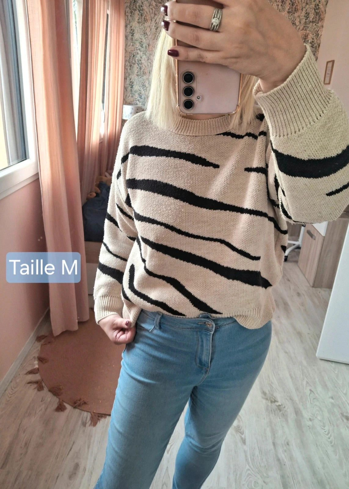 Haut/Pull chaud et épais femme motif animal zébré beige/noir  – Taille M